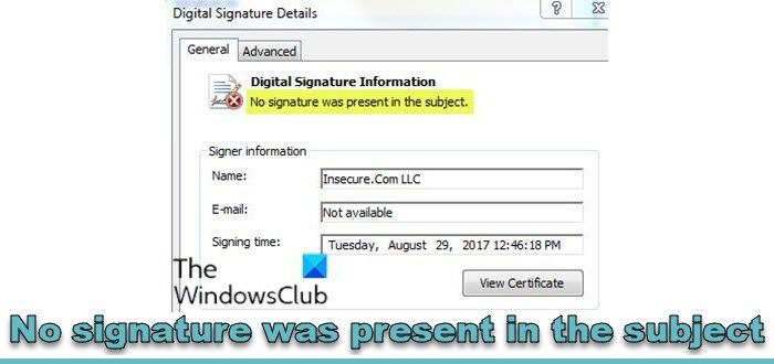 No signature was present in the subject
