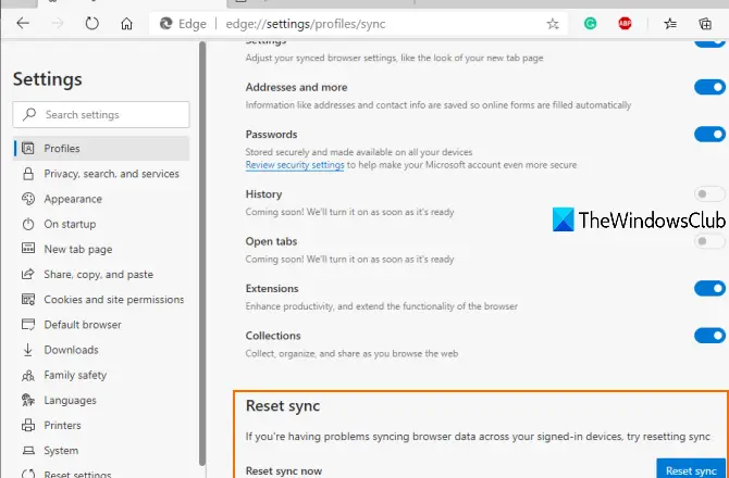 disable or enable reset sync in microsoft edge