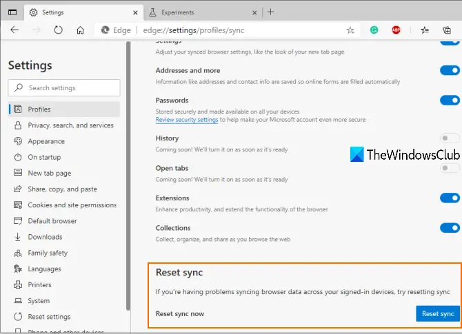 How To Enable Or Disable Reset Sync In Microsoft Edge Browser