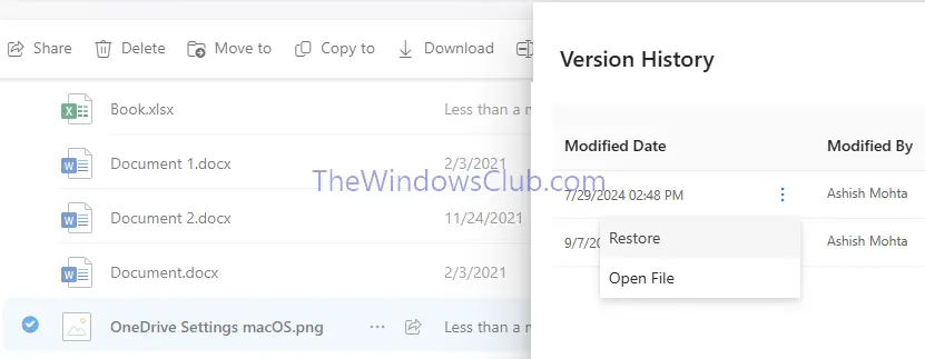 Version History OneDrive Files