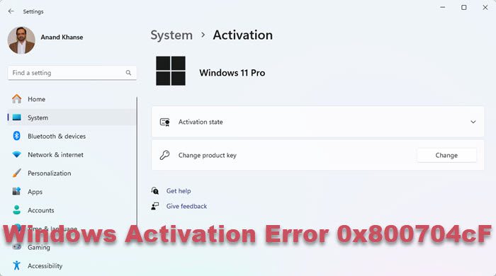 Windows Activation Error 0x800704cF