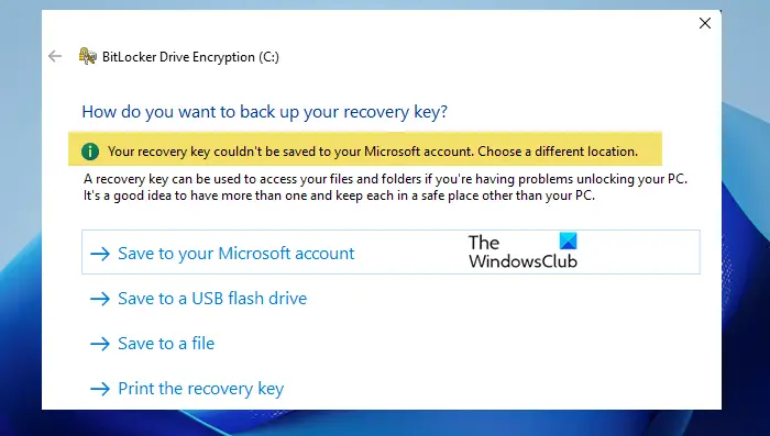 Your recovery key couldn't be saved to this location error for BitLocker