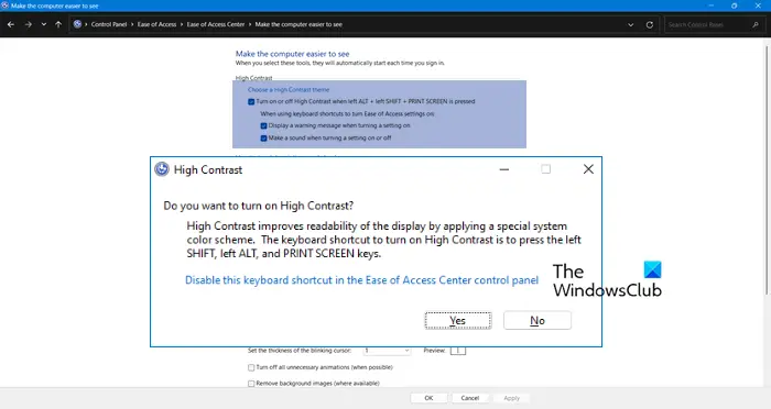 Enable or Disable High Contrast warning message and sound in Windows 11/10