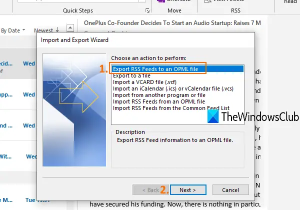 use export rss feeds to an opml file in import and export wizard