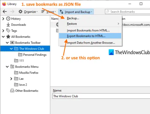 How to Export or Backup Bookmarks from Firefox browser