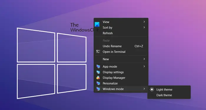 toggle Light or Dark mode from context menu