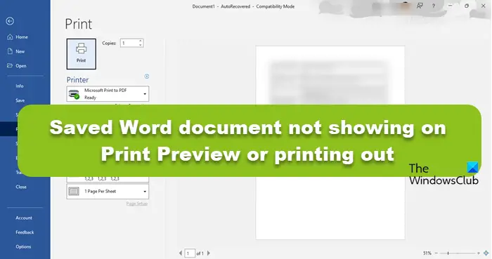Saved Word document not showing on Print Preview or printing out