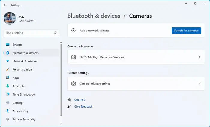 Change default Webcam in Windows 11