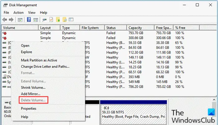 Delete volume option is greyed out-Disk Management