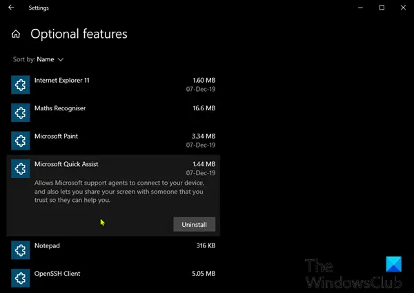 Uninstall and Reinstall Quick Assist via Optional Features