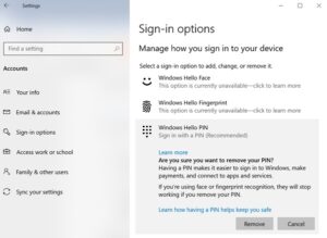 remove pin code windows 10 registry