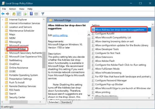 Disable Address Bar Drop-down List Suggestions in Microsoft Edge