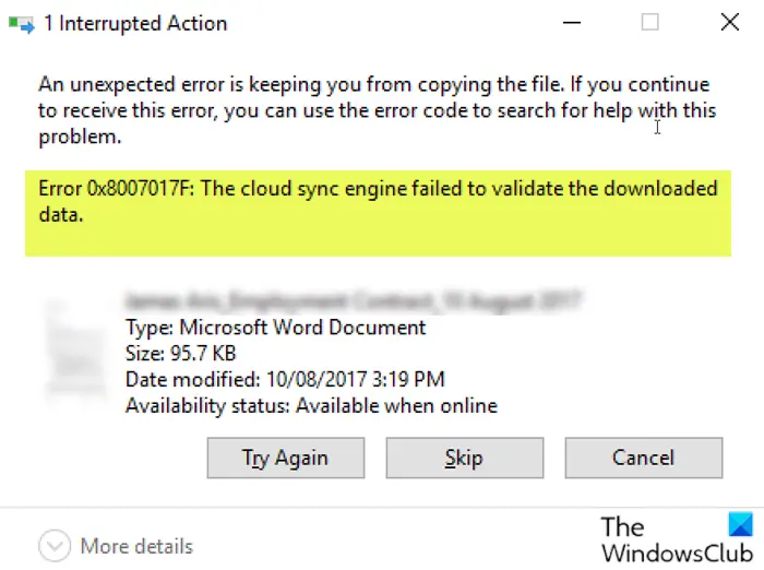 OneDrive Error 0x8007017F: The cloud sync engine failed to validate the downloaded data