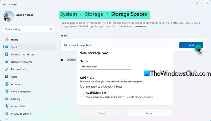 create Storage Spaces windows 11