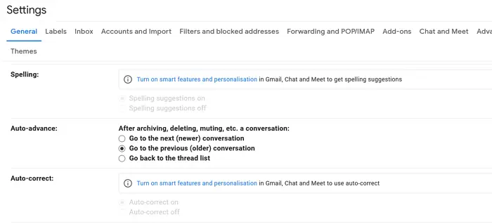 Setting the auto-advance feature in Gmail