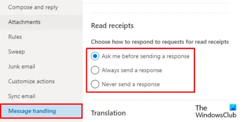 outlook read receipt options