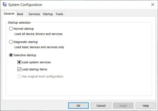 Selective Startup mode in Windows 10