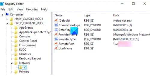 delete mapped network drive registry windows 10