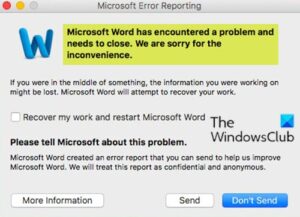 microsoft error reporting microsoft word