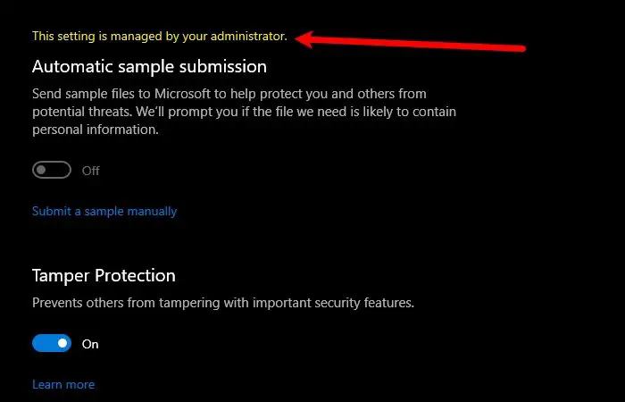 Windows Defender: This setting is managed by your administrator