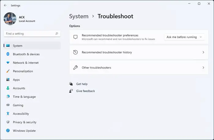 troubleshooters page windows 11