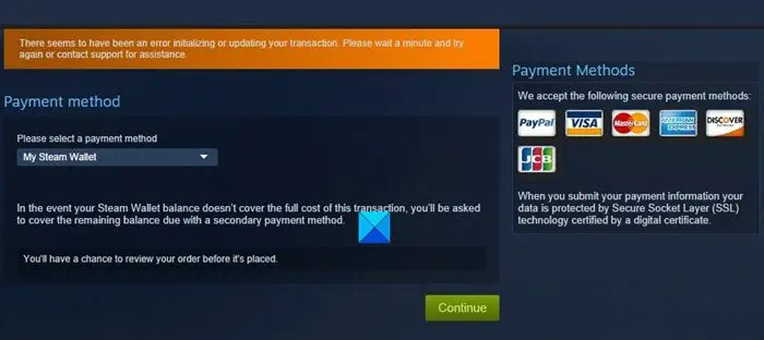 Fix Steam error Initializing or Updating Transaction