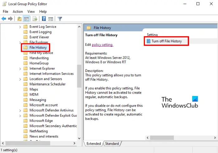 Disable File History backup in Windows using REGEDIT, GPEDIT