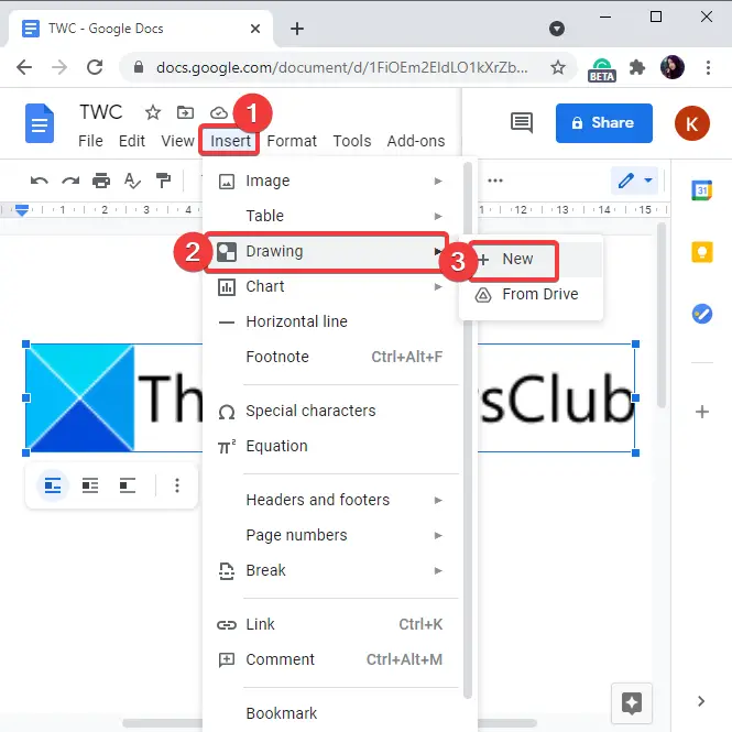 Подписать изображение google docs