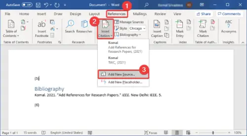 how to insert a citation form a new source in word