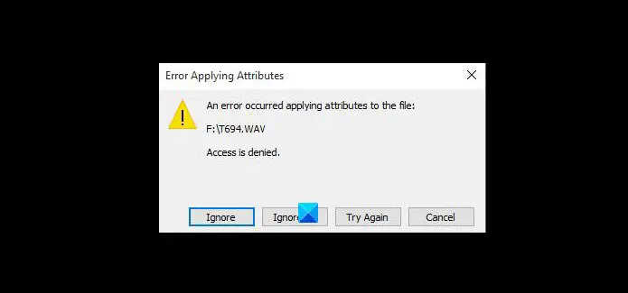 An error occurred applying attributes to the file