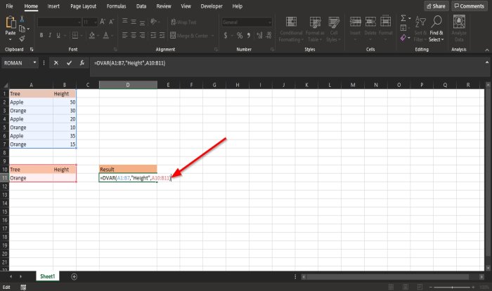How to use the DVAR function in Excel