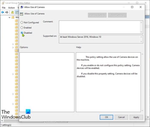 How to disable Camera using Group Policy or Registry Editor