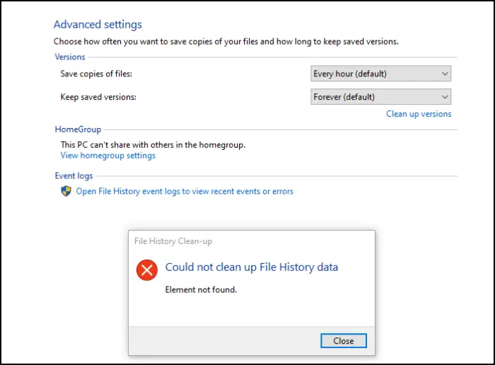 Could Not Clean Up File History Data Element Not Found Error On Windows