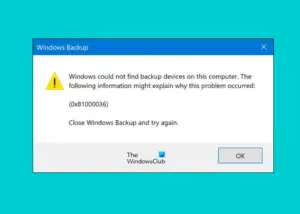 Error 0x81000036, Windows could not find backup devices