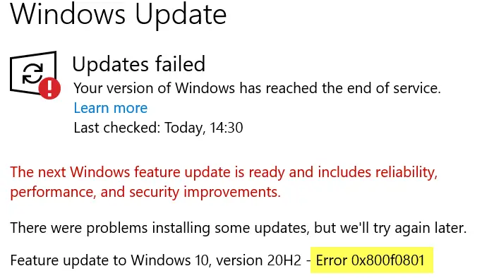 Erreur De Mise À Jour Windows 10 0X800F0801