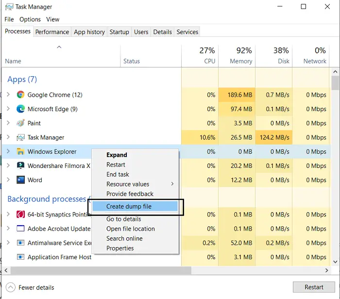 manually create a Crash Dump file in Windows 10