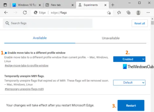 How to move Tabs to a different Profile window in Edge browser