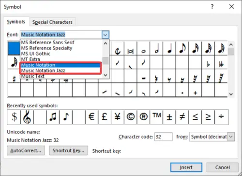 insert music font in word 2019