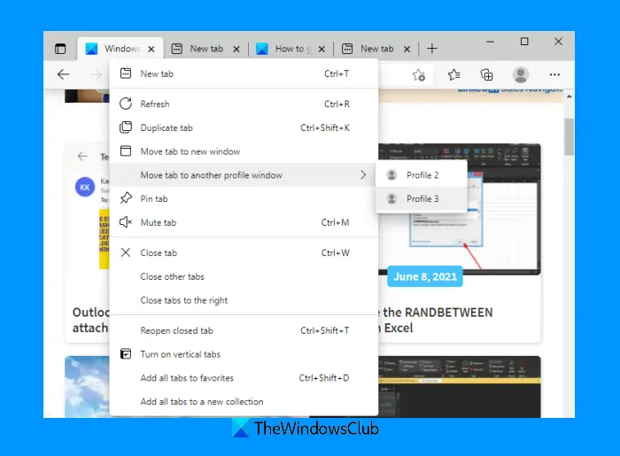 How to move Tabs to a different Profile window in Edge browser