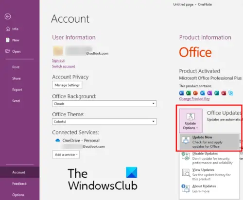 how to update onenote 2016