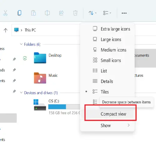 How to decrease the space between the items in Windows 11 Explorer