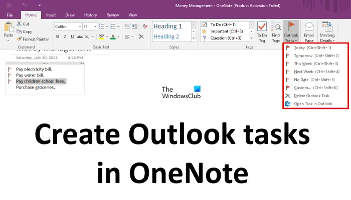 How create Outlook tasks in OneNote