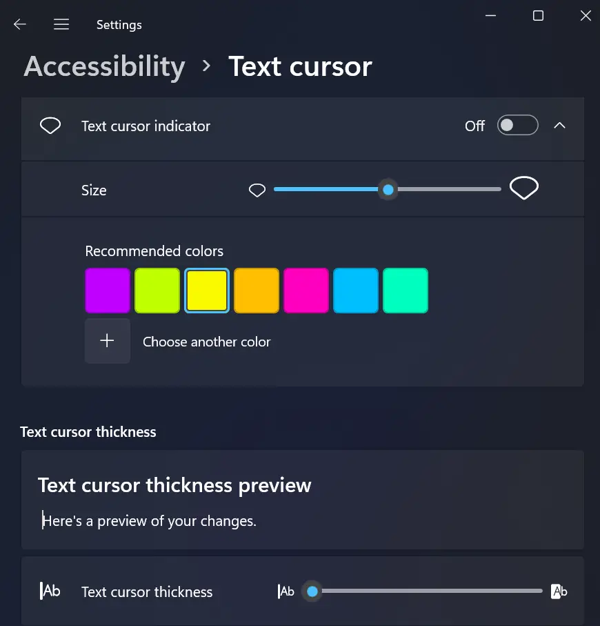 Change Text Cursor Indicator size, color, and thickness in Windows 11/10