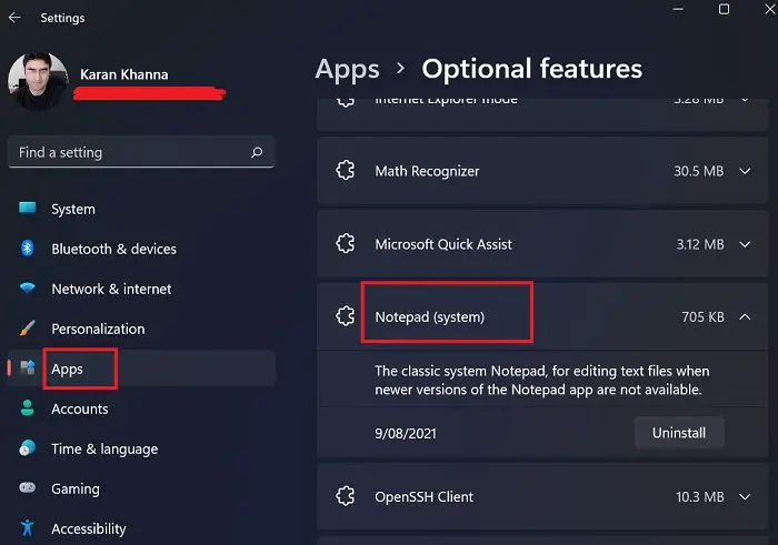 How to Uninstall Notepad in Windows 11 via Optional Features