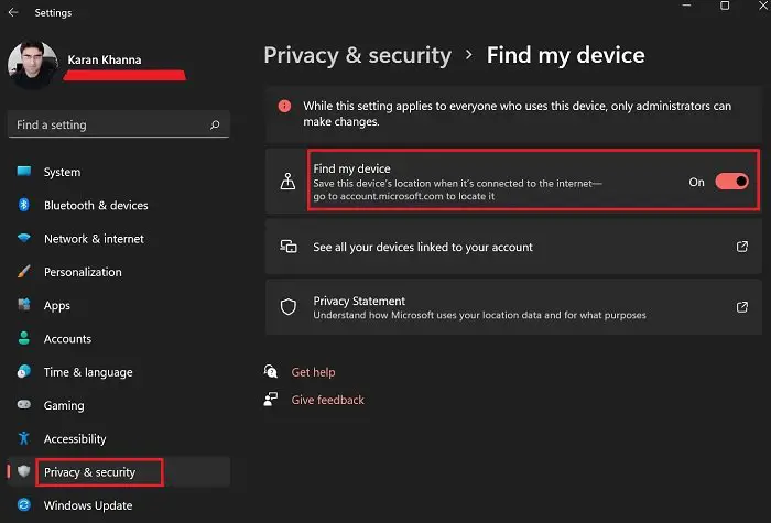 How to track a stolen laptop; Enable Find My Device first in Windows 11