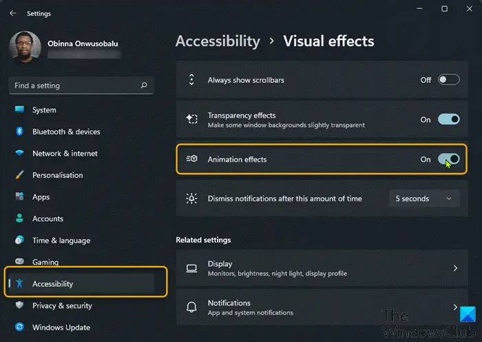 Turn On or Off Animation Effects-Settings app