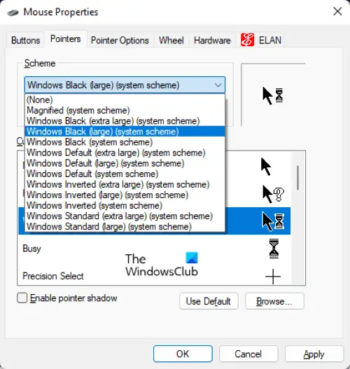 Make Mouse Pointer color to red, solid black, etc, in Windows 11/10
