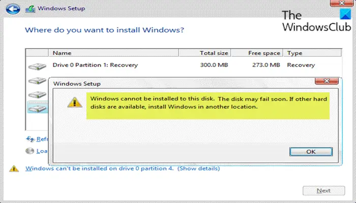 Windows cannot be installed to this disk  The disk may fail soon - 50
