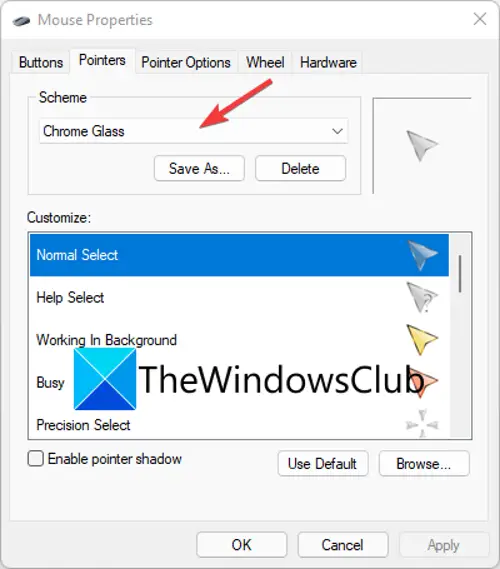 windows 7 custom mouse pointer for different user