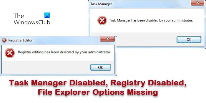 Uafhængighed underordnet i stedet Task Manager Disabled, Regedit Disabled, Folder Options Missing